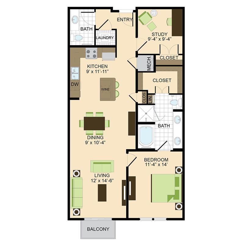 500 Crawford Downtown Apartments | 1 BR 1-5Ba 1092sf Floor Plan