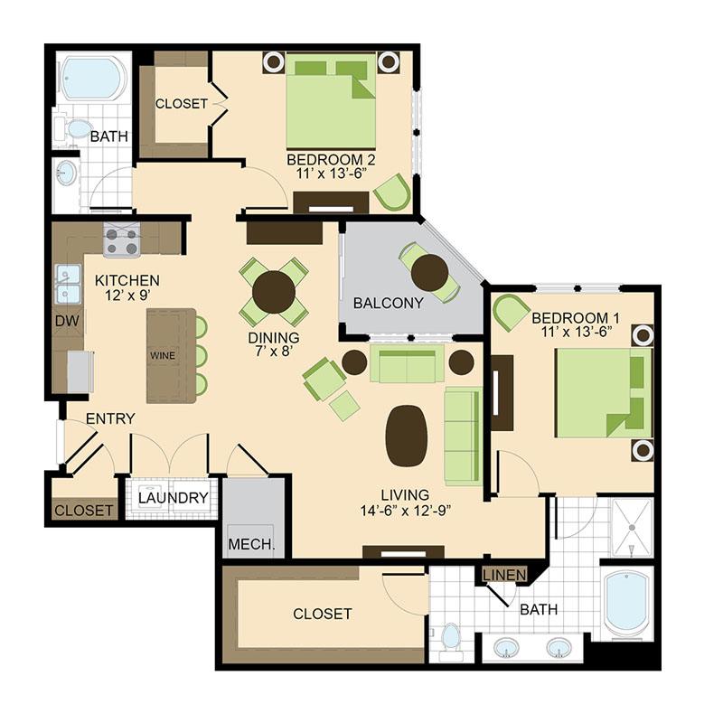 2 Bedroom Floor Plans Luxury Apartment Living In Downtown